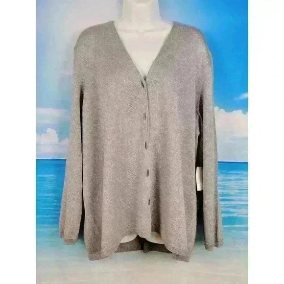NWT JOSEPHINE CHAUS Womans SILVERY GREY Metallic Cardigan Sweater Silk size 2x - Picture 2 of 5